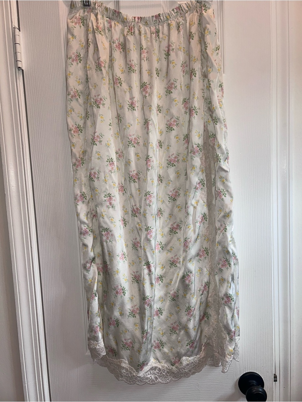 aerie White Delicate Pastel Floral Maxi Slip Skirt with Lace Trim Side Slit L